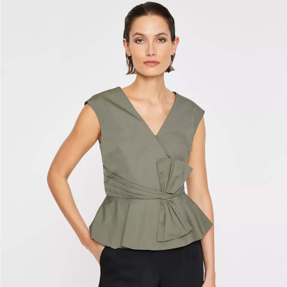 Club Monaco Waisted Bow Top Army Green Sleeveles Blouse Size 4